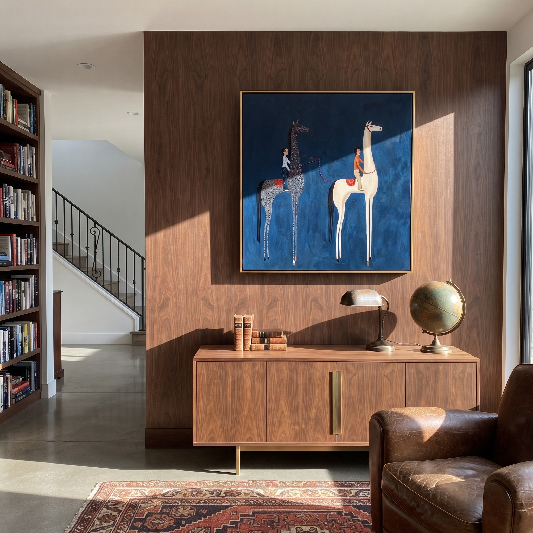 Quiet Reins Rise into Light - two horse painting by Isabelle Laurent, modern Western square wall art – styled room scene view 3