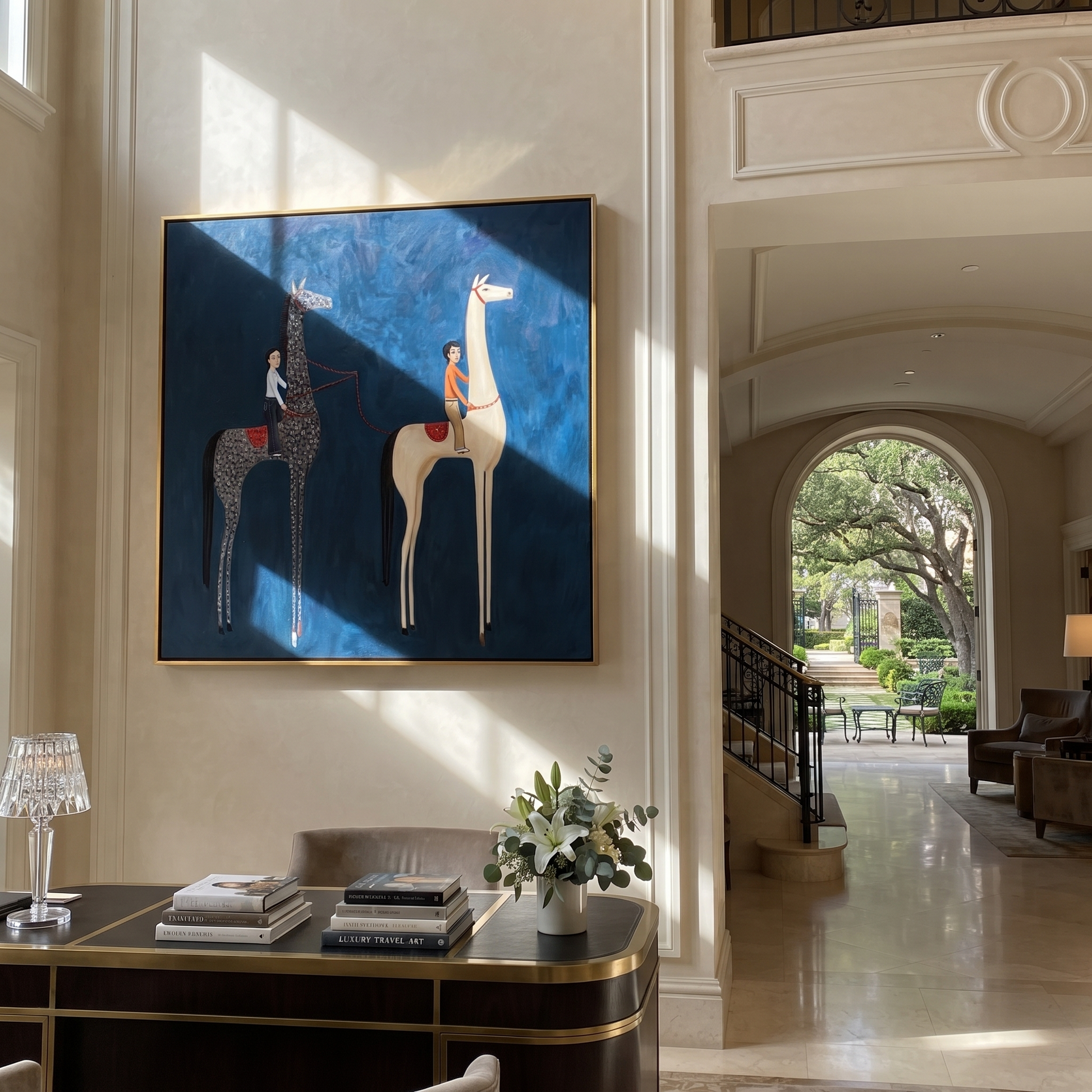 Quiet Reins Rise into Light - two horse painting by Isabelle Laurent, modern Western square wall art – styled room scene view 4