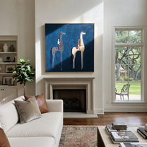 Quiet Reins Rise into Light - two horse painting by Isabelle Laurent, modern Western square wall art – styled room scene view 5
