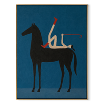 Painted Saddle Rise into Light - symbolic horse and rider painting by Isabelle Laurent, modern Western vertical wall art – wood frame on white background