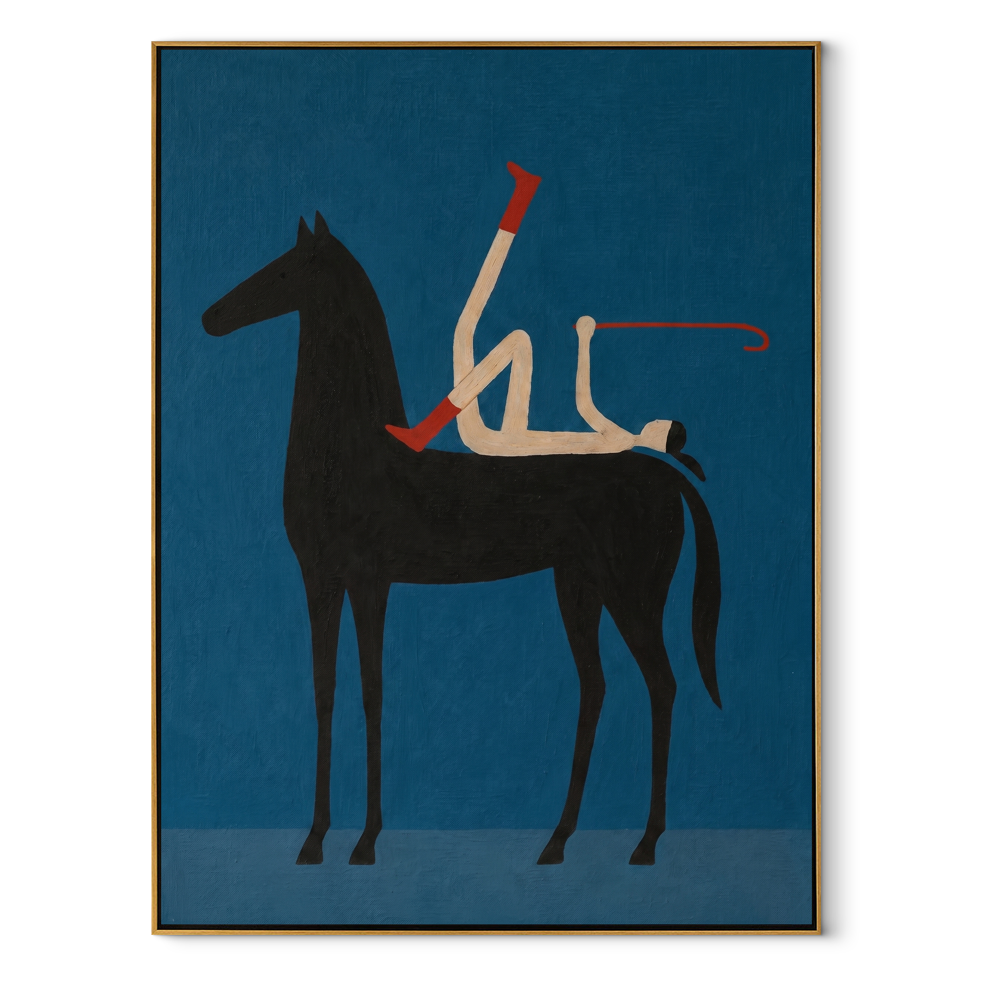 Painted Saddle Rise into Light - symbolic horse and rider painting by Isabelle Laurent, modern Western vertical wall art – wood frame on white background