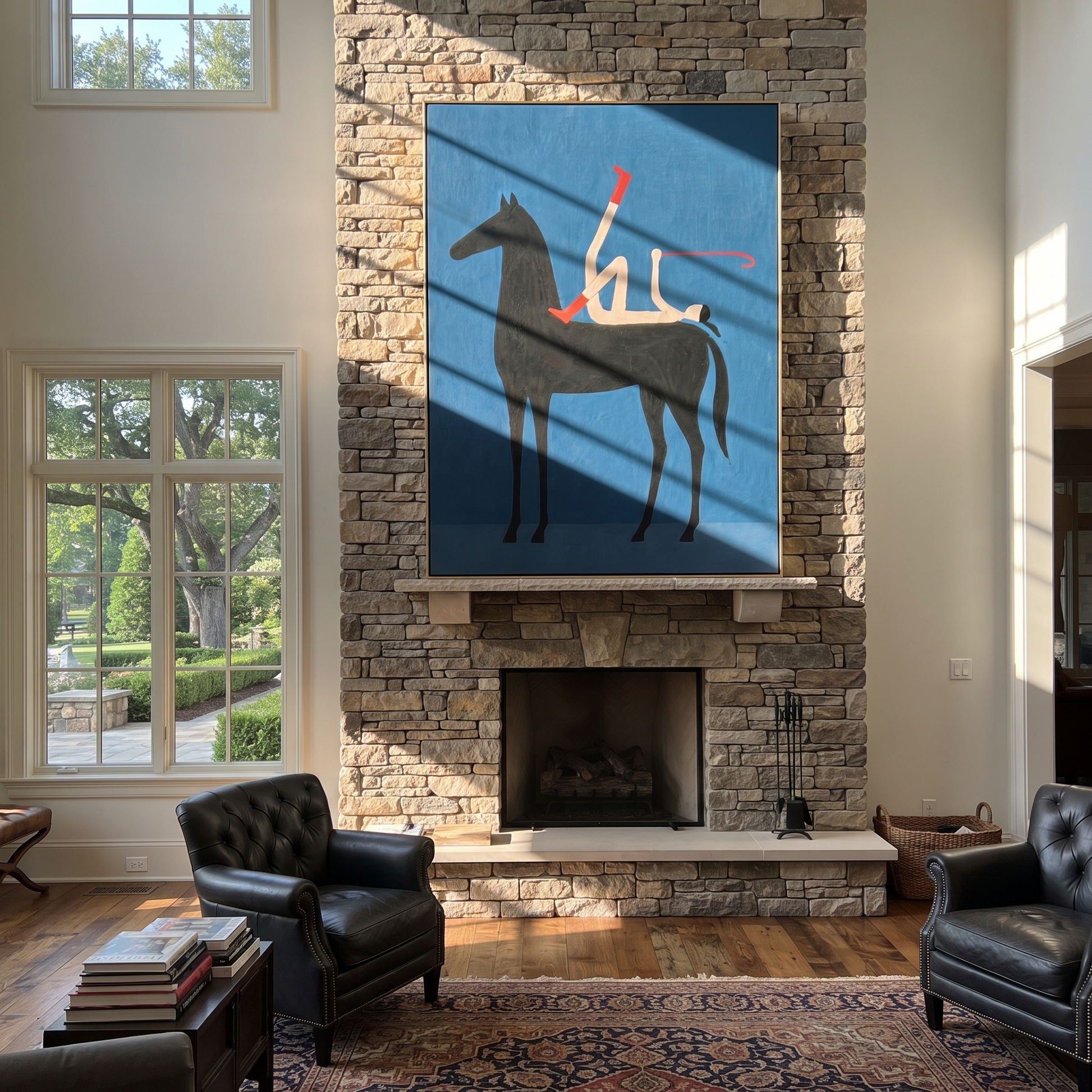 Painted Saddle Rise into Light - symbolic horse and rider painting by Isabelle Laurent, modern Western vertical wall art – styled room scene view 2