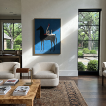 Painted Saddle Rise into Light - symbolic horse and rider painting by Isabelle Laurent, modern Western vertical wall art – styled room scene view 3