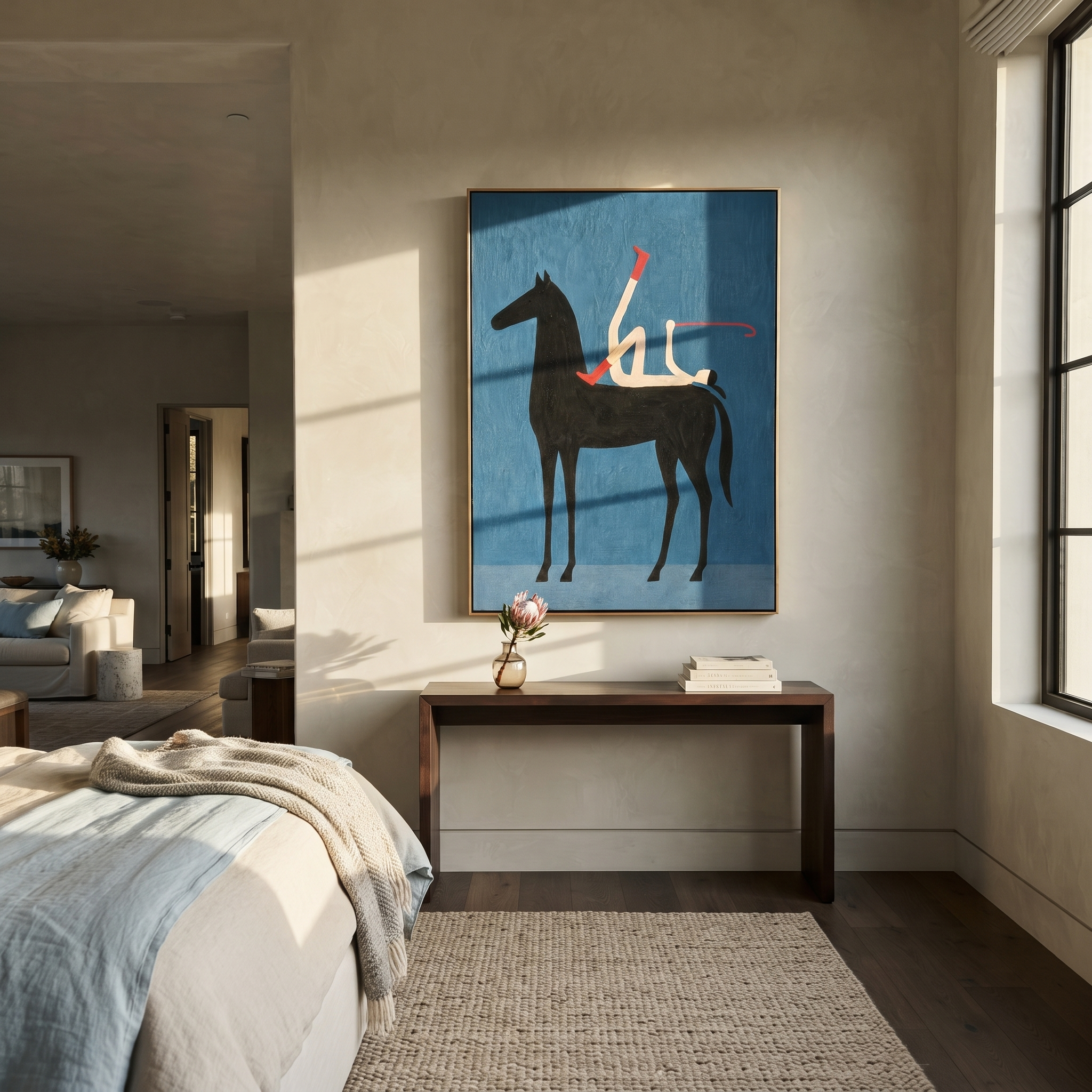 Painted Saddle Rise into Light - symbolic horse and rider painting by Isabelle Laurent, modern Western vertical wall art – styled room scene view 4