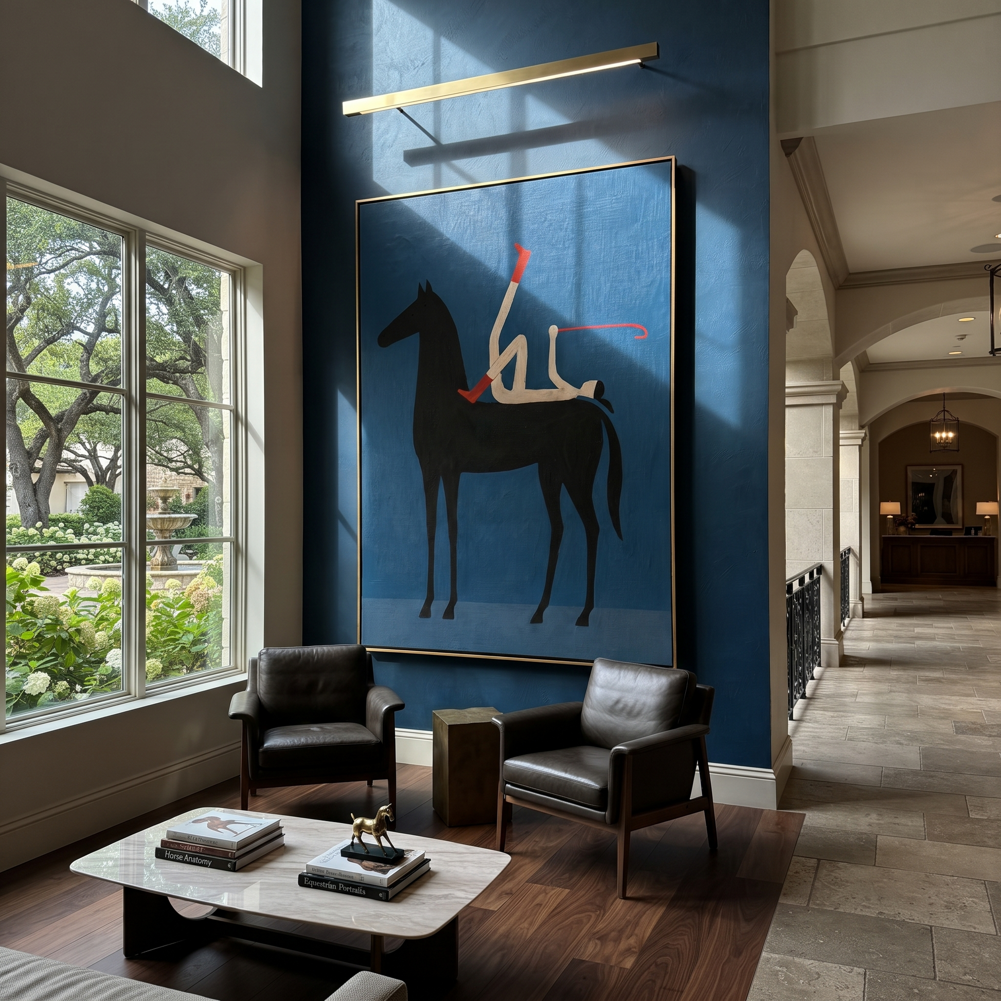 Painted Saddle Rise into Light - symbolic horse and rider painting by Isabelle Laurent, modern Western vertical wall art – styled room scene view 5