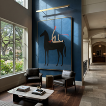 Painted Saddle Rise into Light - symbolic horse and rider painting by Isabelle Laurent, modern Western vertical wall art – styled room scene view 5