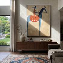 Long Mane Rise into Light - horse and rider painting by Isabelle Laurent, modern Western vertical wall art – styled room scene view 1