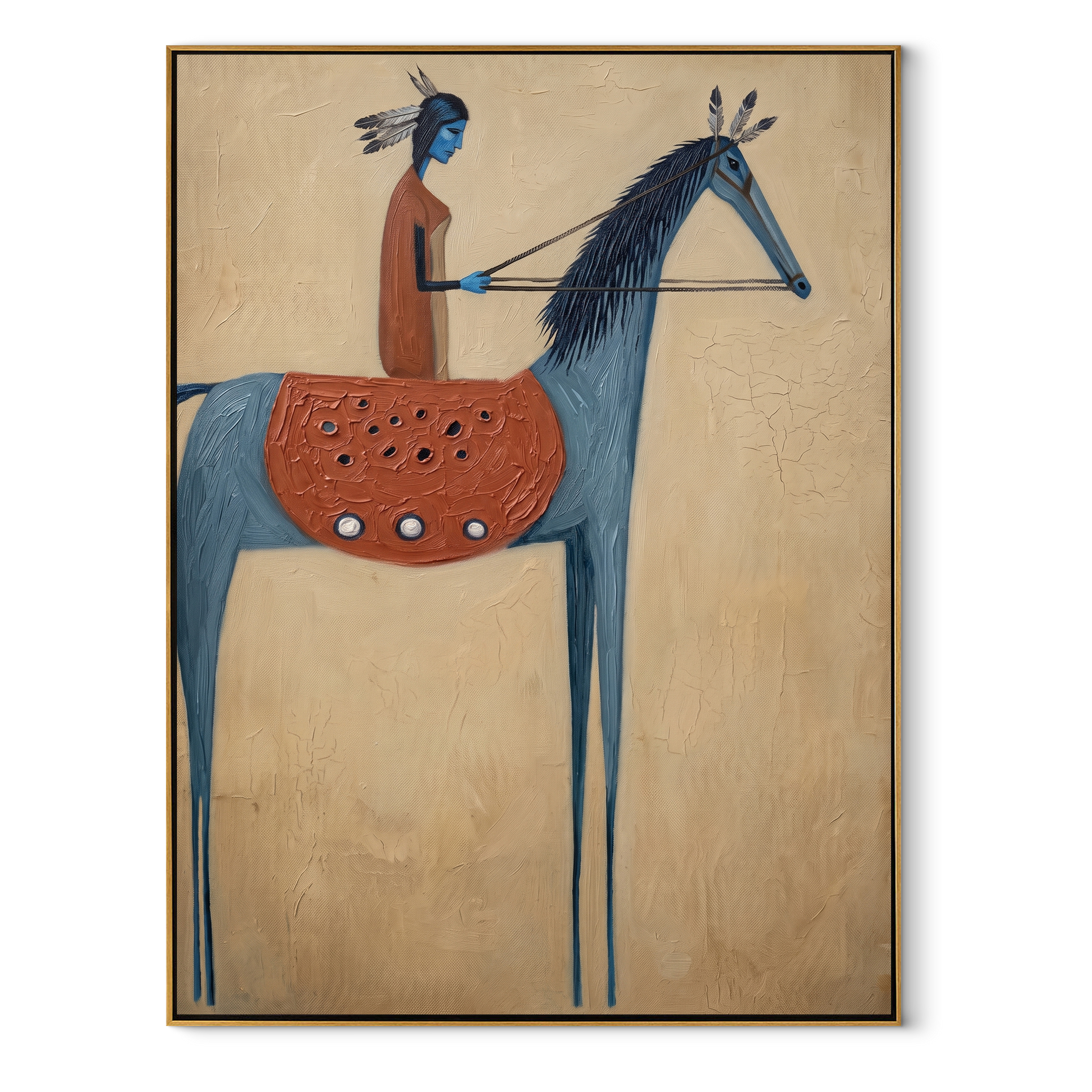 Long Mane Rise into Light - horse and rider painting by Isabelle Laurent, modern Western vertical wall art – wood frame on white background
