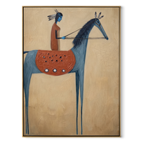 Long Mane Rise into Light - horse and rider painting by Isabelle Laurent, modern Western vertical wall art – wood frame on white background