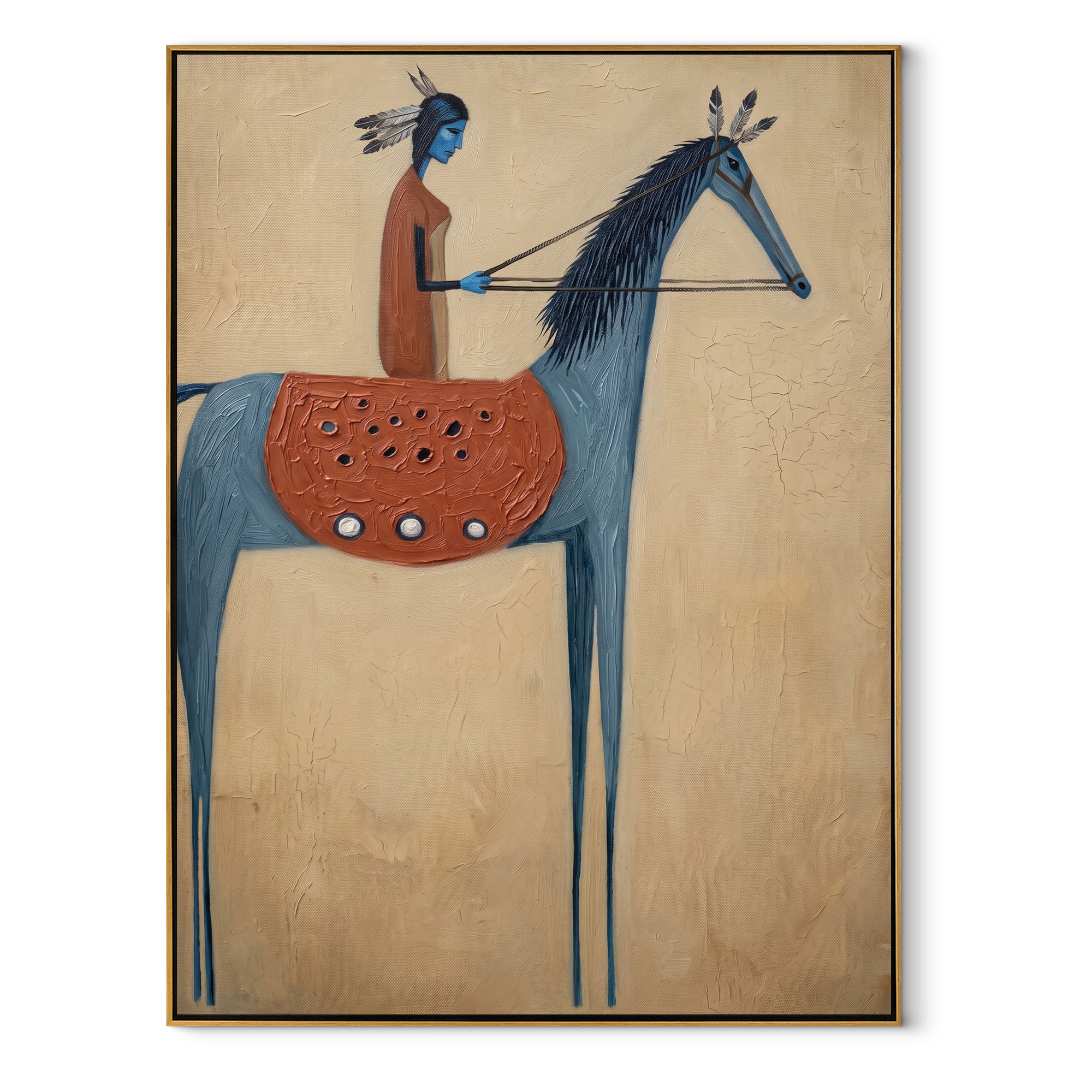 Long Mane Rise into Light - horse and rider painting by Isabelle Laurent, modern Western vertical wall art – wood frame on white background