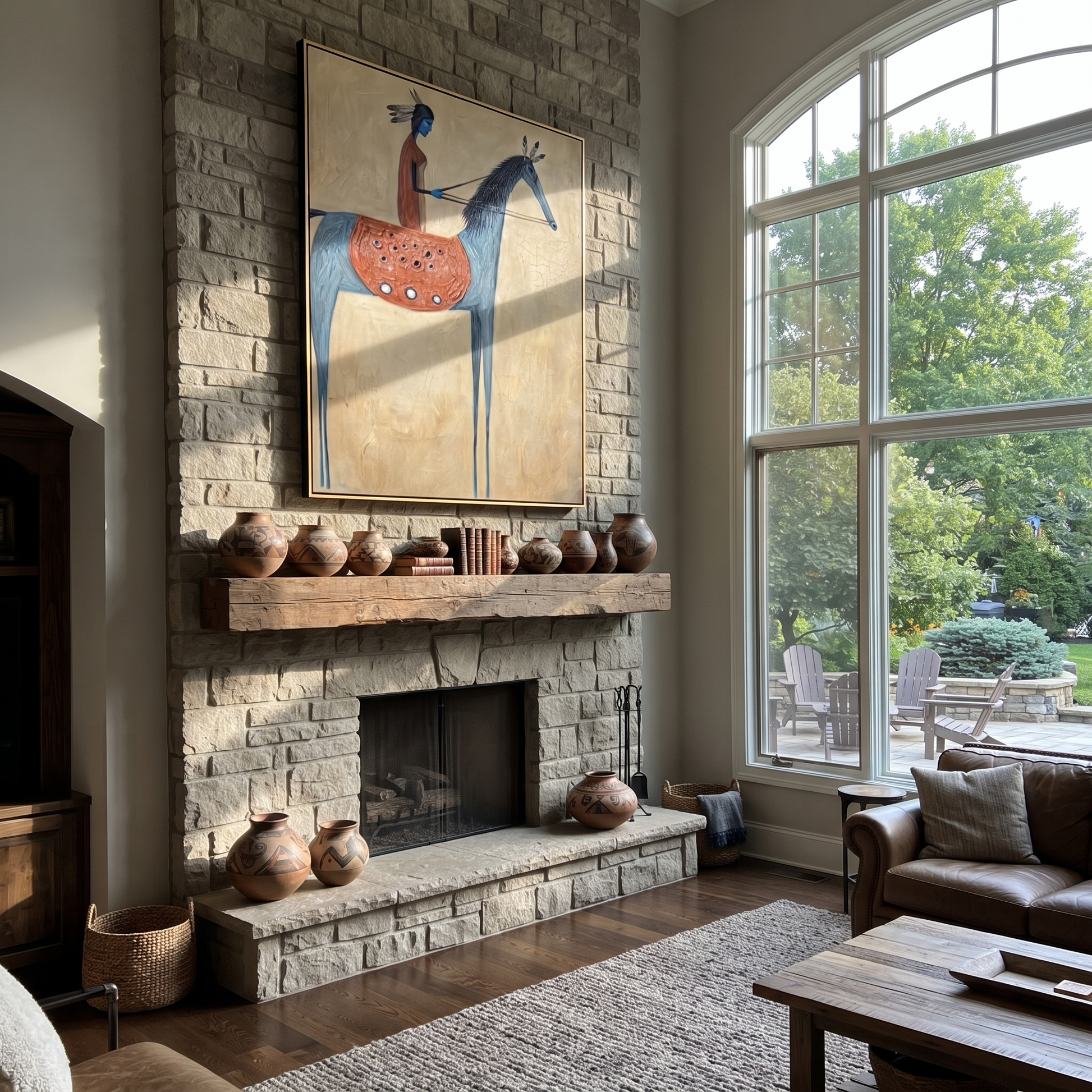 Long Mane Rise into Light - horse and rider painting by Isabelle Laurent, modern Western vertical wall art – styled room scene view 2