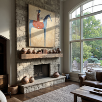 Long Mane Rise into Light - horse and rider painting by Isabelle Laurent, modern Western vertical wall art – styled room scene view 2