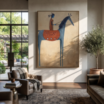 Long Mane Rise into Light - horse and rider painting by Isabelle Laurent, modern Western vertical wall art – styled room scene view 3