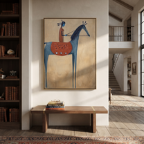 Long Mane Rise into Light - horse and rider painting by Isabelle Laurent, modern Western vertical wall art – styled room scene view 4