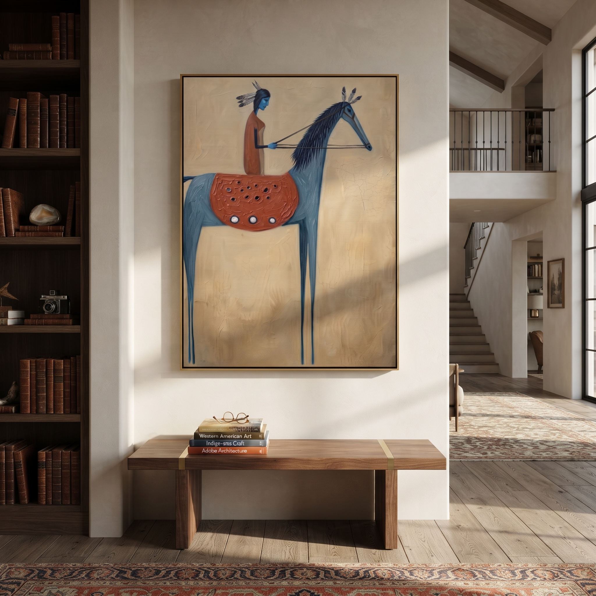 Long Mane Rise into Light - horse and rider painting by Isabelle Laurent, modern Western vertical wall art – styled room scene view 4