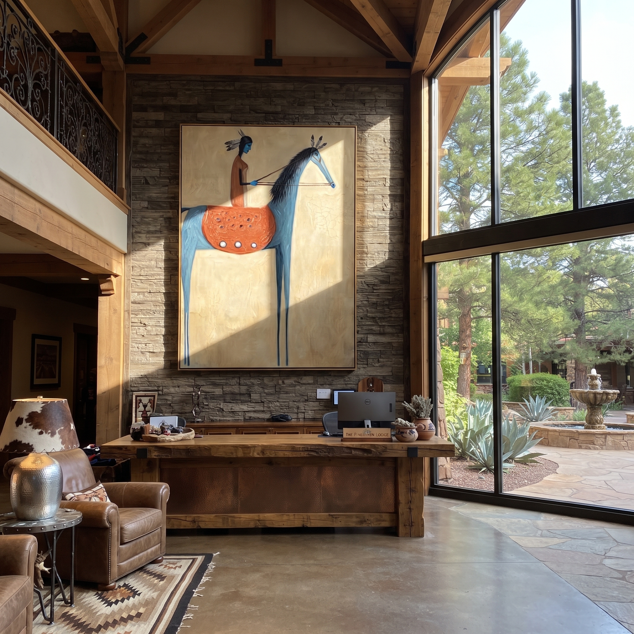 Long Mane Rise into Light - horse and rider painting by Isabelle Laurent, modern Western vertical wall art – styled room scene view 5