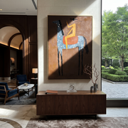 Western Stars Rise into Light - horse and rider painting by Isabelle Laurent, modern Western vertical wall art – styled room scene view 1