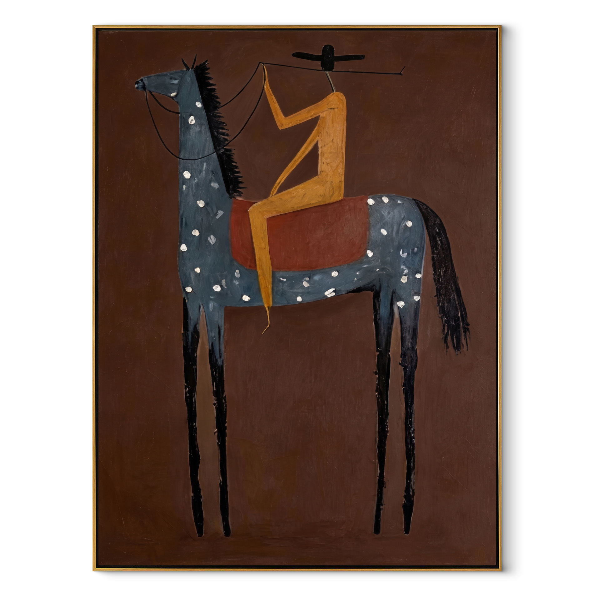Western Stars Rise into Light - horse and rider painting by Isabelle Laurent, modern Western vertical wall art – wood frame on white background
