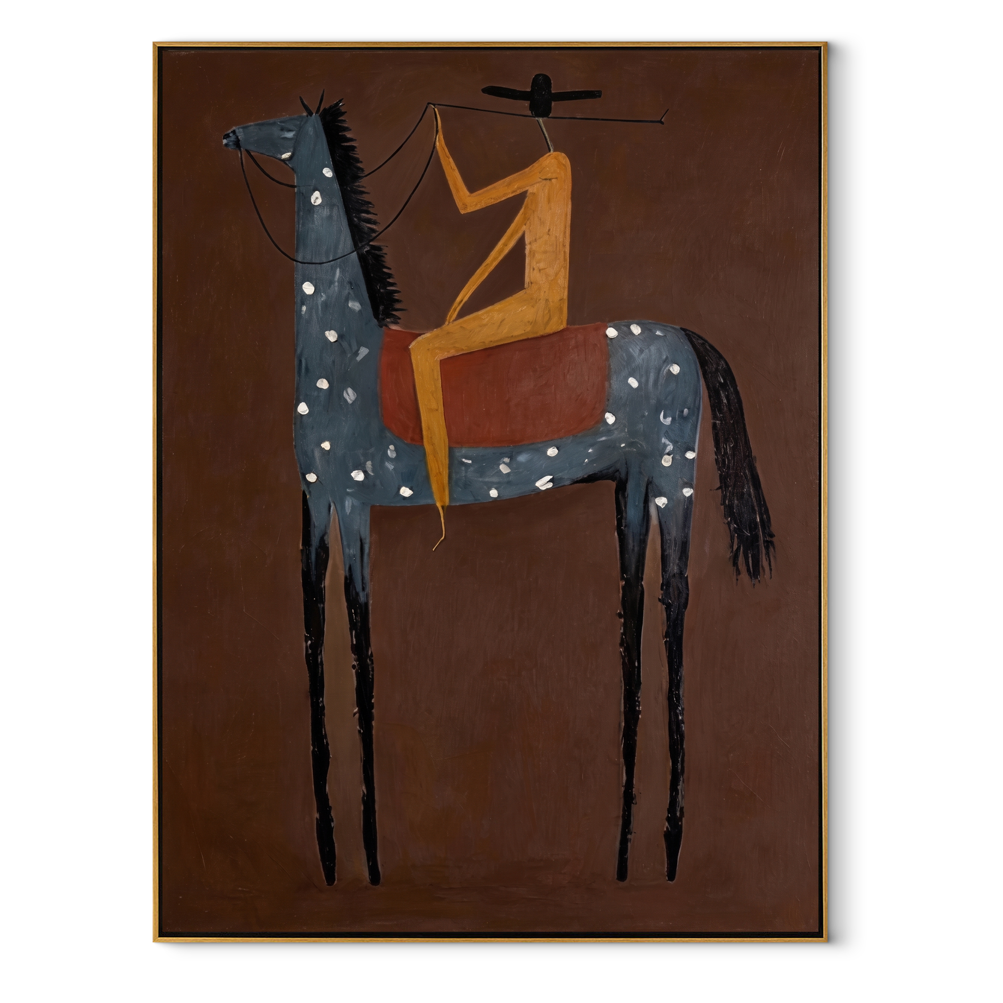 Western Stars Rise into Light - horse and rider painting by Isabelle Laurent, modern Western vertical wall art – wood frame on white background