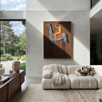 Western Stars Rise into Light - horse and rider painting by Isabelle Laurent, modern Western vertical wall art – styled room scene view 2