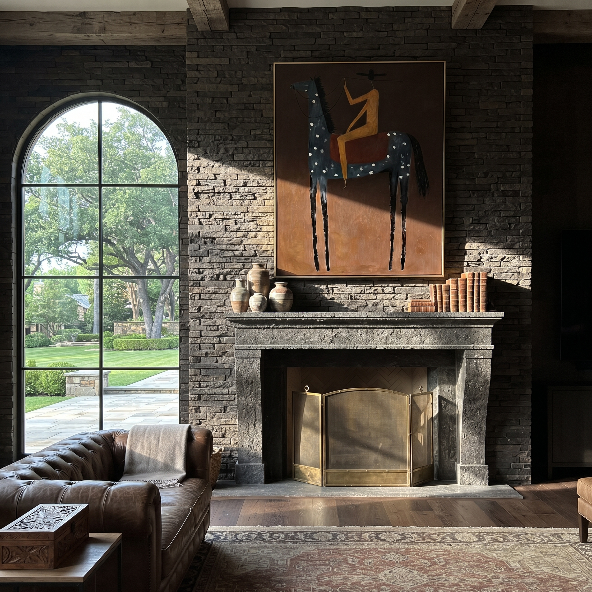 Western Stars Rise into Light - horse and rider painting by Isabelle Laurent, modern Western vertical wall art – styled room scene view 3