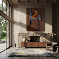Western Stars Rise into Light - horse and rider painting by Isabelle Laurent, modern Western vertical wall art – styled room scene view 4