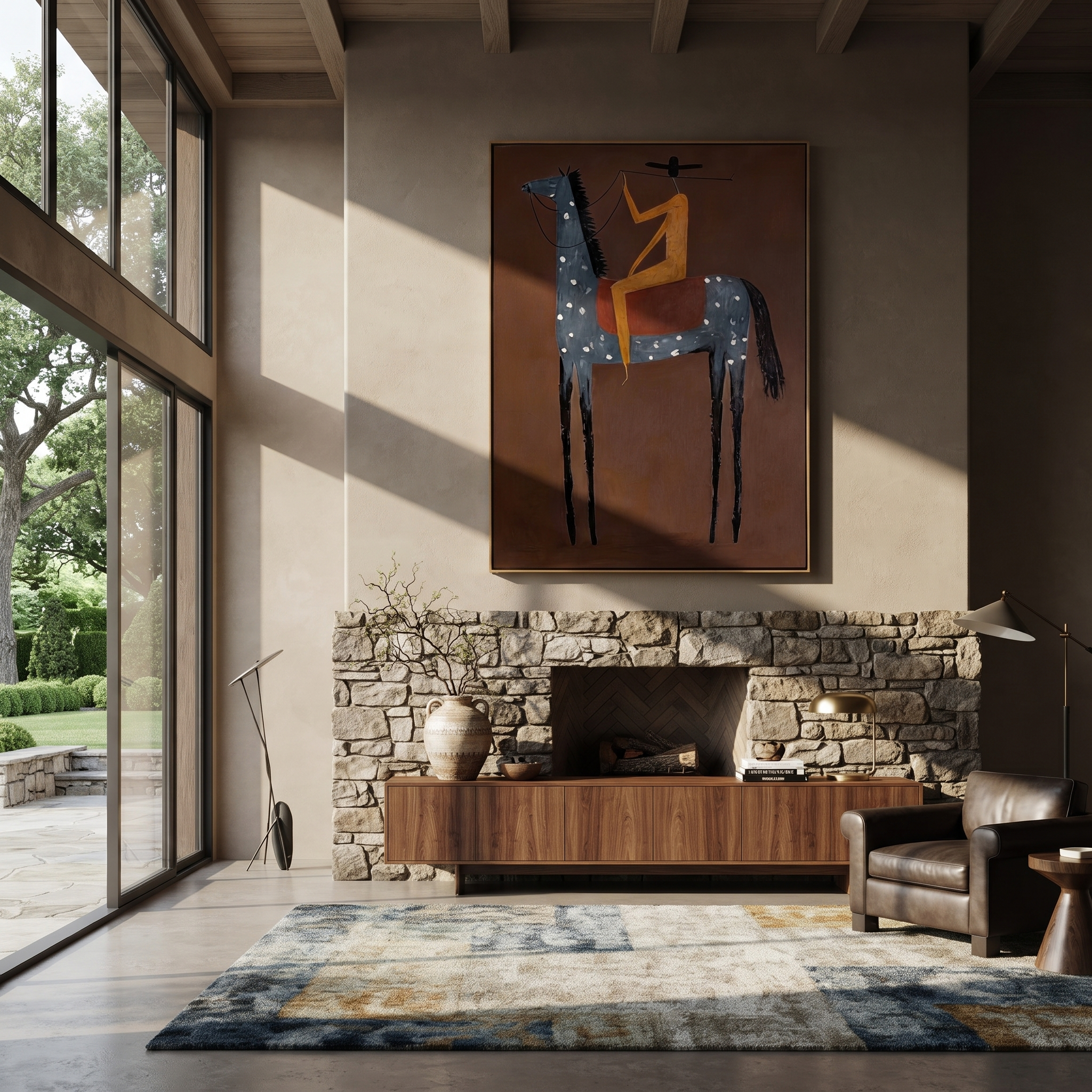 Western Stars Rise into Light - horse and rider painting by Isabelle Laurent, modern Western vertical wall art – styled room scene view 4
