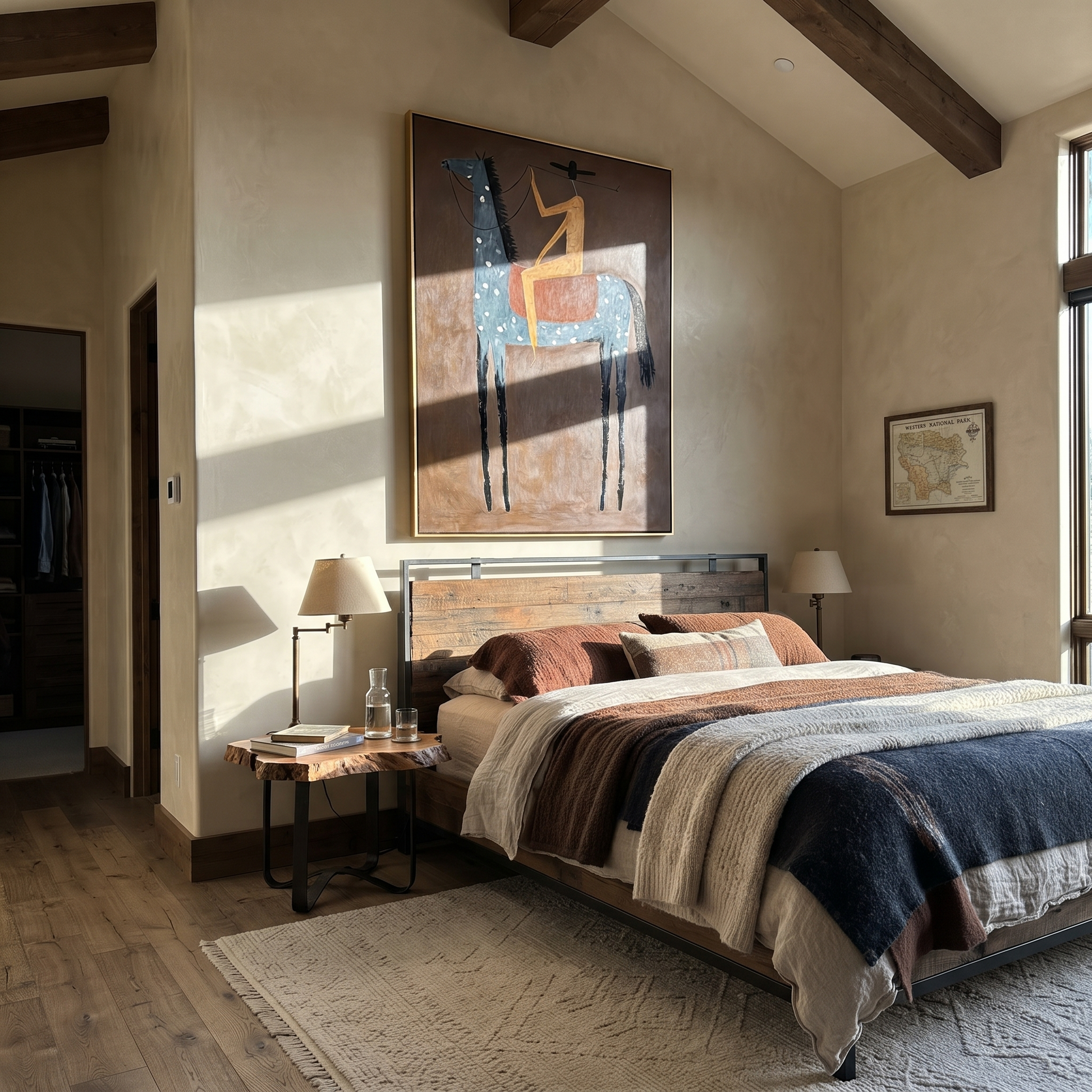 Western Stars Rise into Light - horse and rider painting by Isabelle Laurent, modern Western vertical wall art – styled room scene view 5