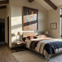 Western Stars Rise into Light - horse and rider painting by Isabelle Laurent, modern Western vertical wall art – styled room scene view 5