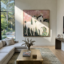Gentle Strength Rise into Light - running horse painting by Isabelle Laurent, modern Western square wall art – styled room scene view 1