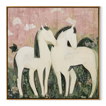 Gentle Strength Rise into Light - running horse painting by Isabelle Laurent, modern Western square wall art – wood frame on white background