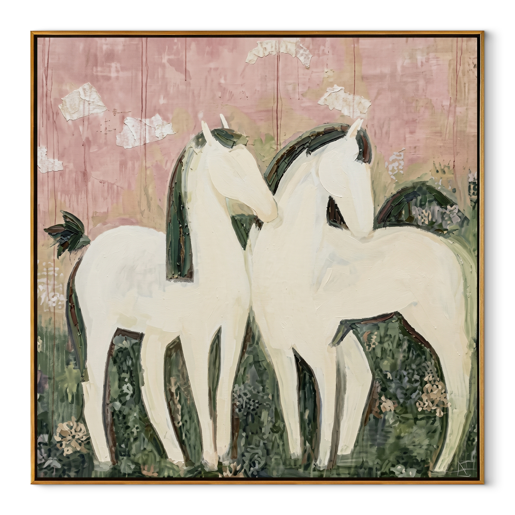 Gentle Strength Rise into Light - running horse painting by Isabelle Laurent, modern Western square wall art – wood frame on white background