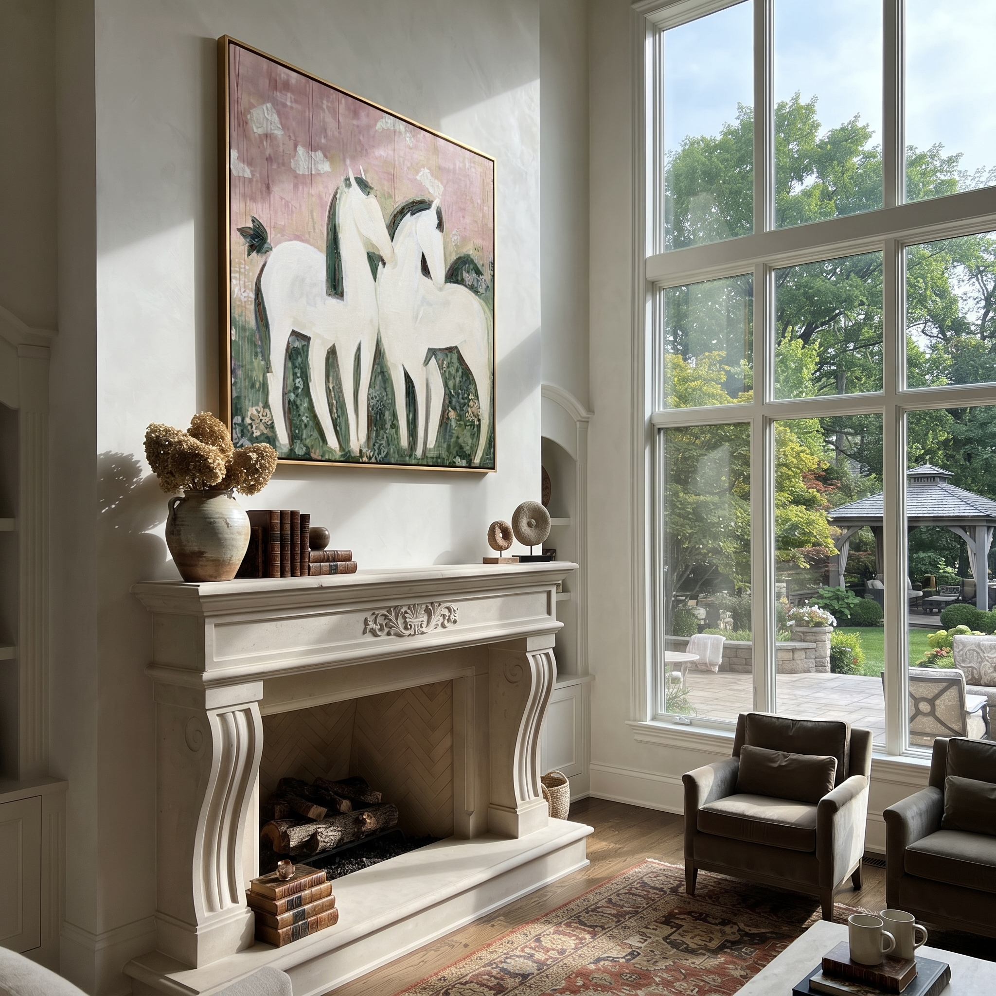 Gentle Strength Rise into Light - running horse painting by Isabelle Laurent, modern Western square wall art – styled room scene view 2