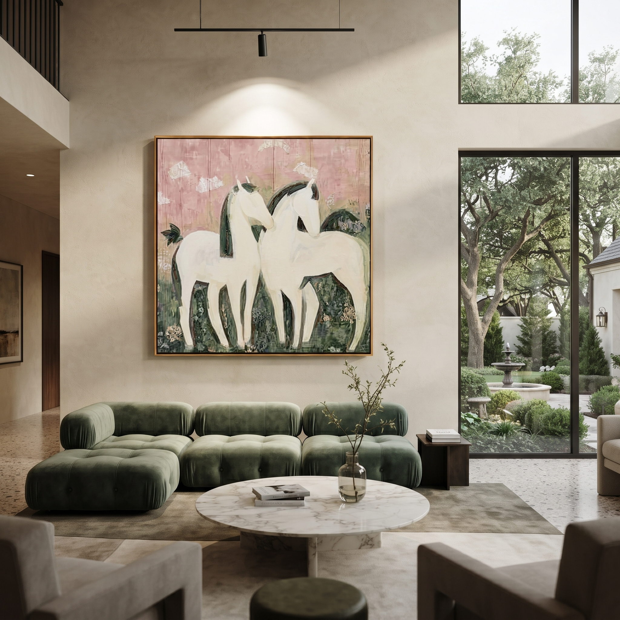 Gentle Strength Rise into Light - running horse painting by Isabelle Laurent, modern Western square wall art – styled room scene view 3