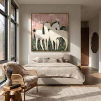 Gentle Strength Rise into Light - running horse painting by Isabelle Laurent, modern Western square wall art – styled room scene view 4