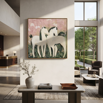 Gentle Strength Rise into Light - running horse painting by Isabelle Laurent, modern Western square wall art – styled room scene view 5