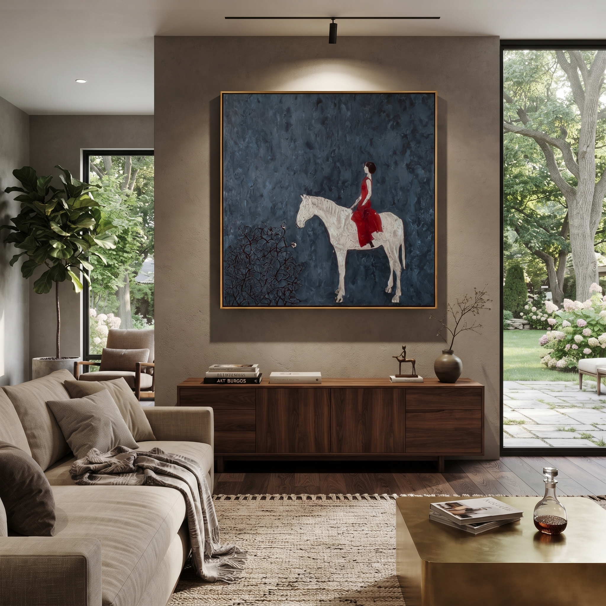 Desert Rhythm Rise into Light - horse and rider painting by Isabelle Laurent, modern Western square wall art – styled room scene view 1