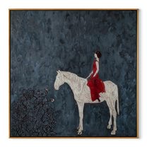 Desert Rhythm Rise into Light - horse and rider painting by Isabelle Laurent, modern Western square wall art – wood frame on white background