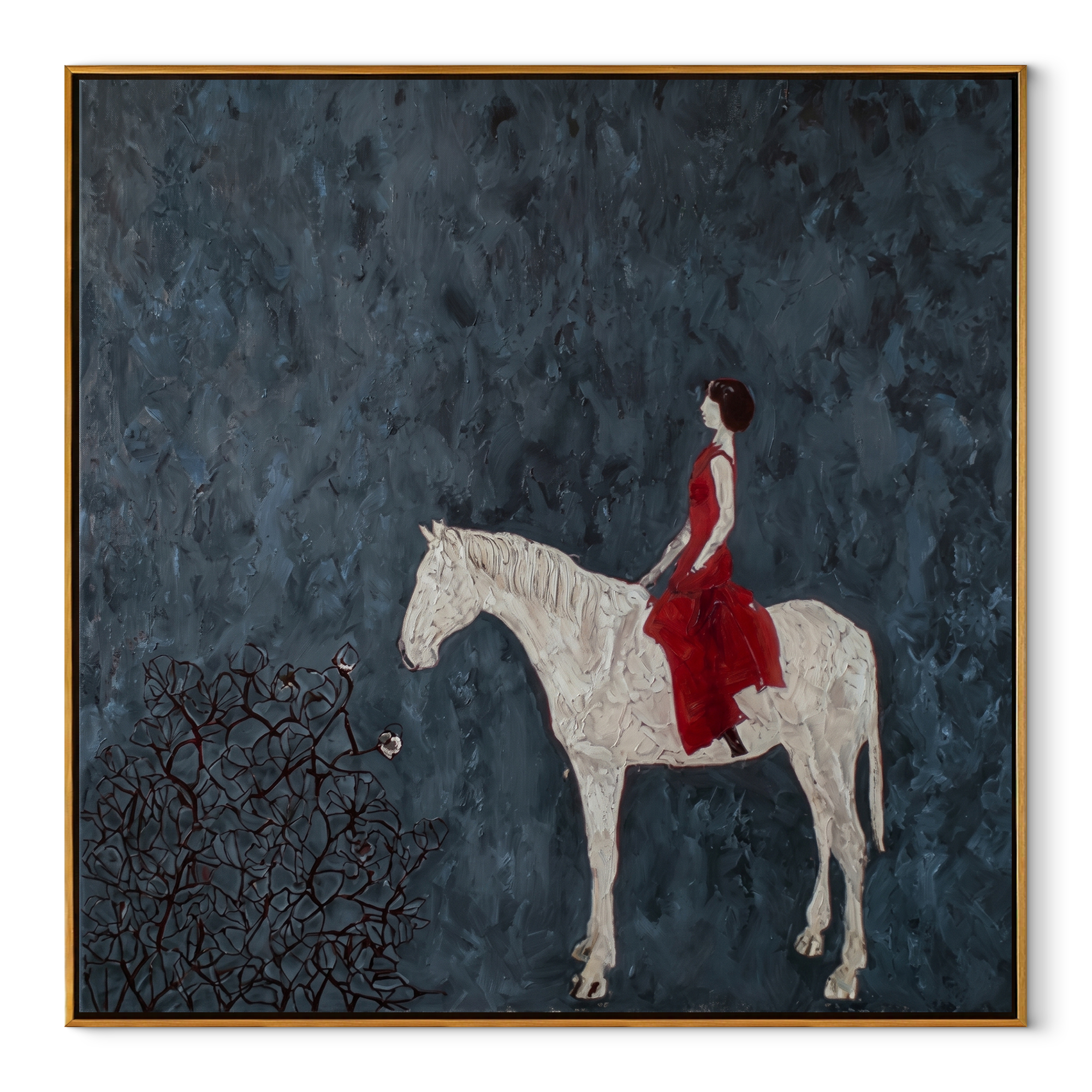 Desert Rhythm Rise into Light - horse and rider painting by Isabelle Laurent, modern Western square wall art – wood frame on white background
