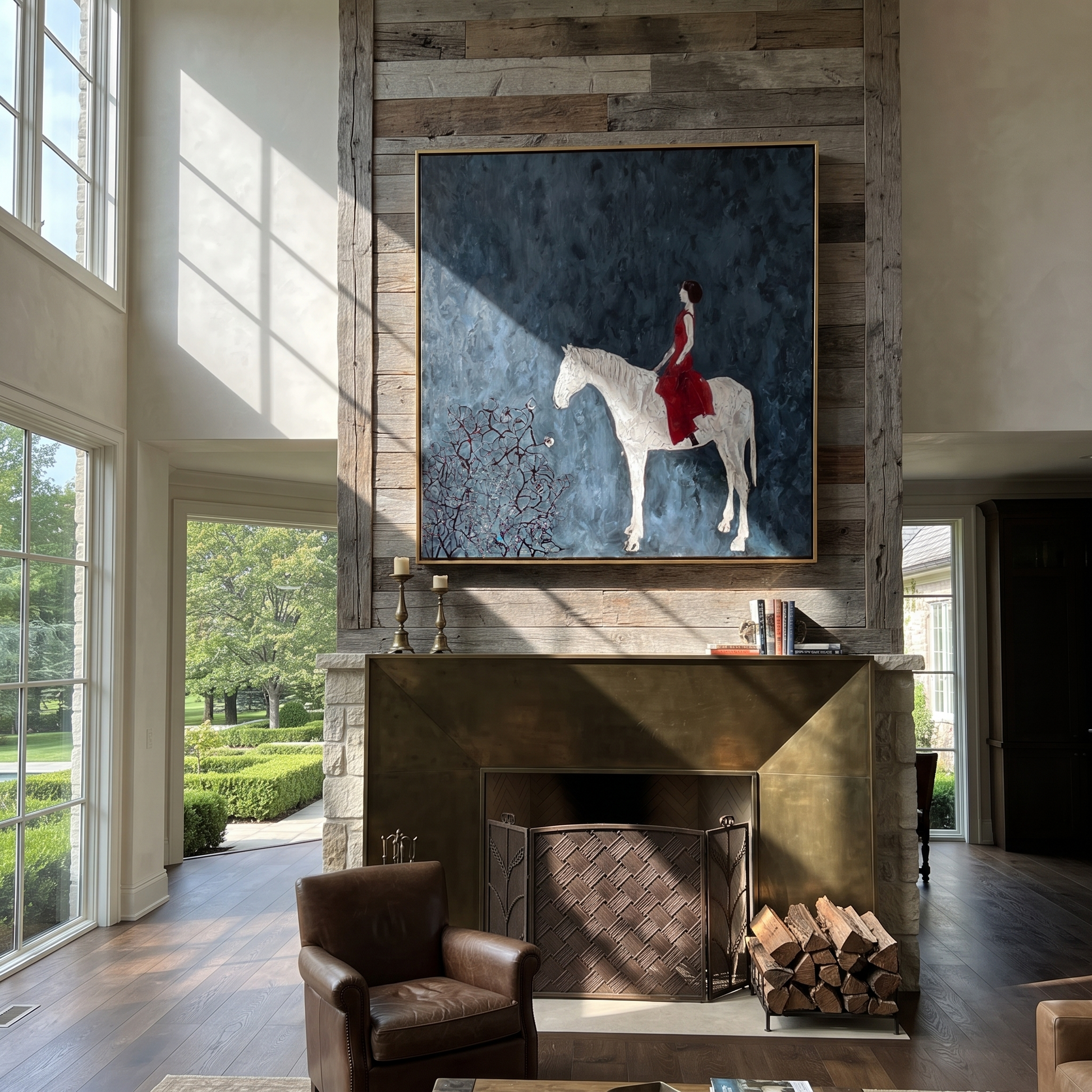 Desert Rhythm Rise into Light - horse and rider painting by Isabelle Laurent, modern Western square wall art – styled room scene view 2