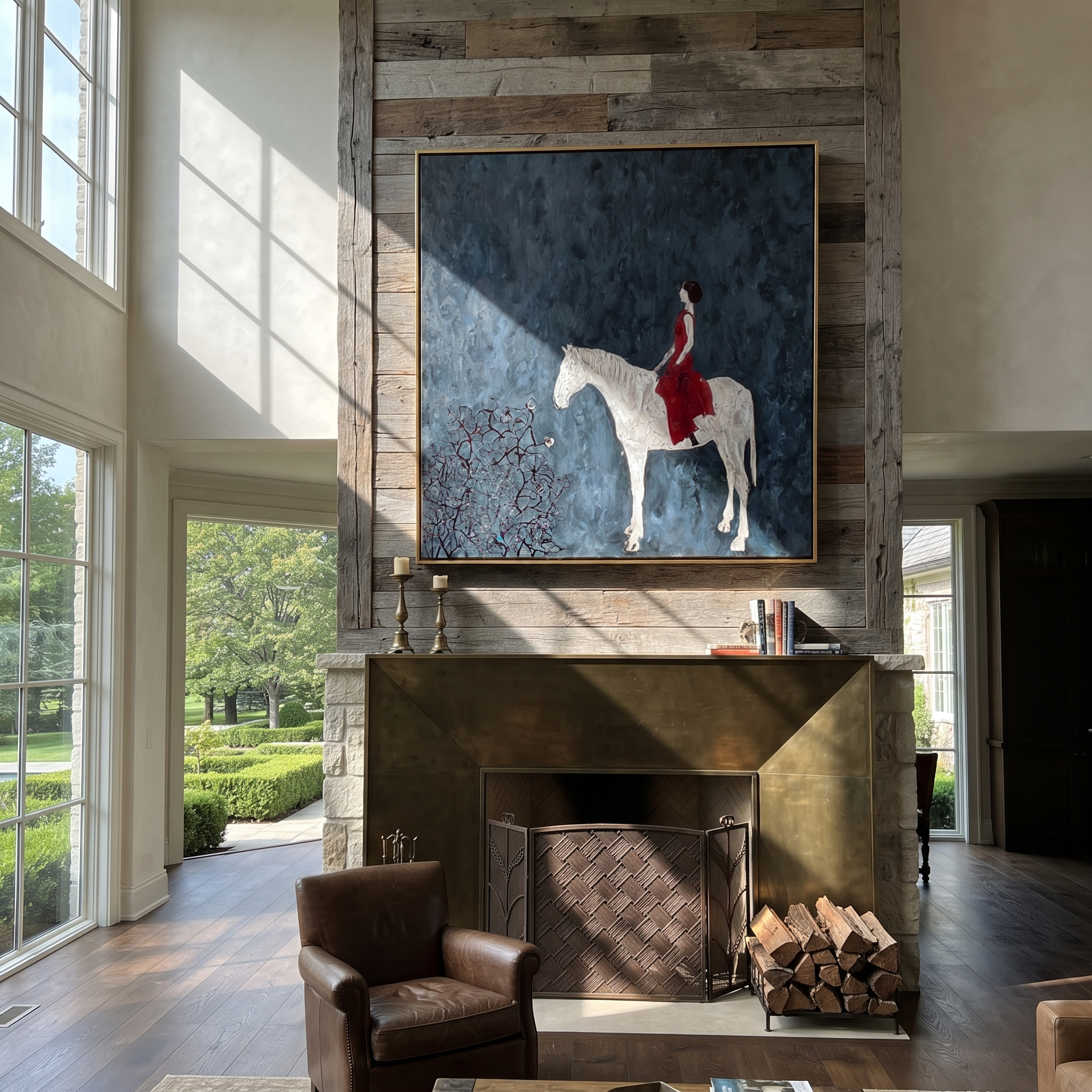 Desert Rhythm Rise into Light - horse and rider painting by Isabelle Laurent, modern Western square wall art – styled room scene view 2