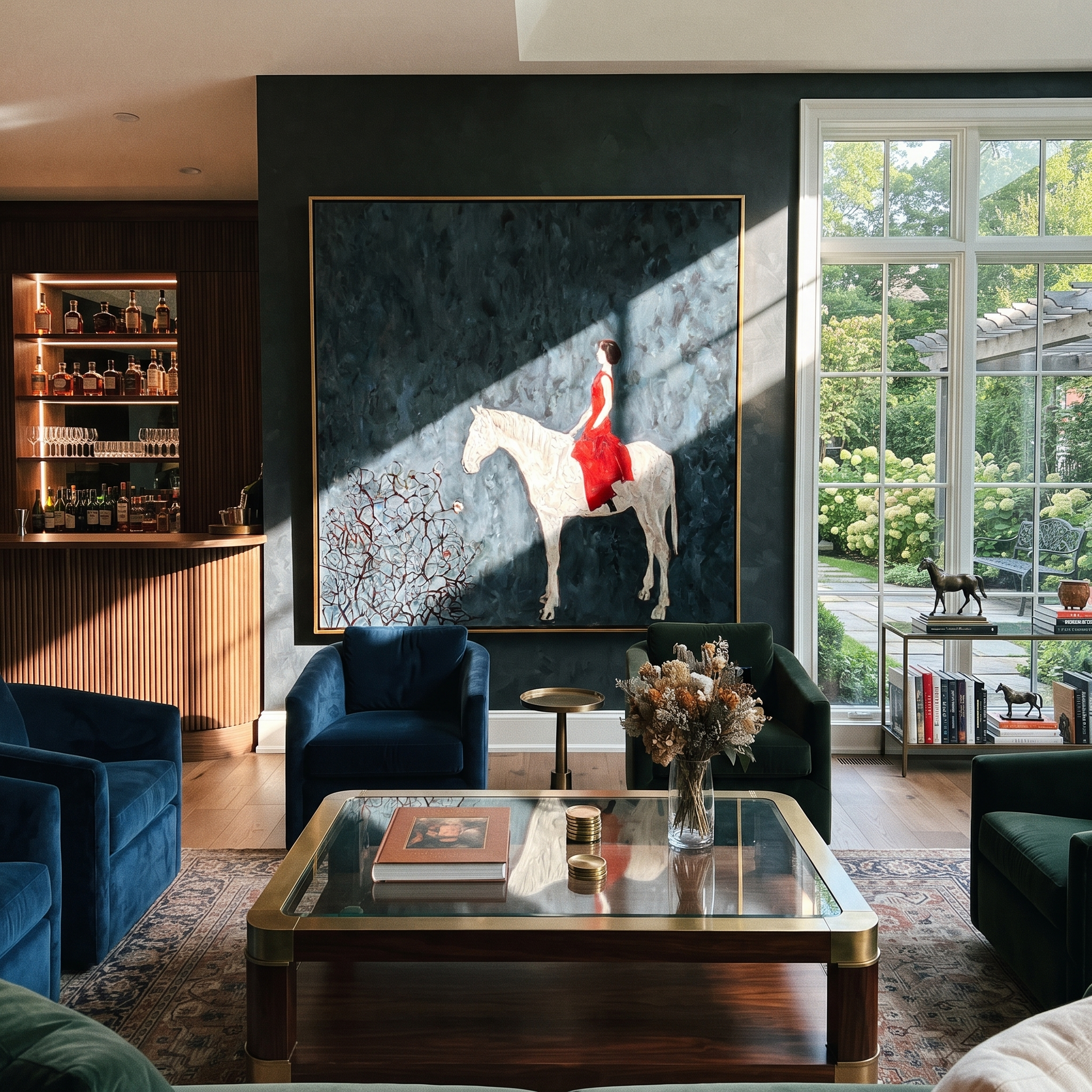 Desert Rhythm Rise into Light - horse and rider painting by Isabelle Laurent, modern Western square wall art – styled room scene view 3