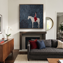 Desert Rhythm Rise into Light - horse and rider painting by Isabelle Laurent, modern Western square wall art – styled room scene view 4