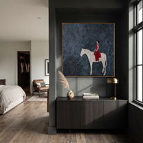 Desert Rhythm Rise into Light - horse and rider painting by Isabelle Laurent, modern Western square wall art – styled room scene view 5