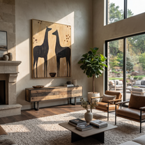 Moonlit Horse Rise into Light - two horse painting by Isabelle Laurent, modern Western vertical wall art – styled room scene view 1