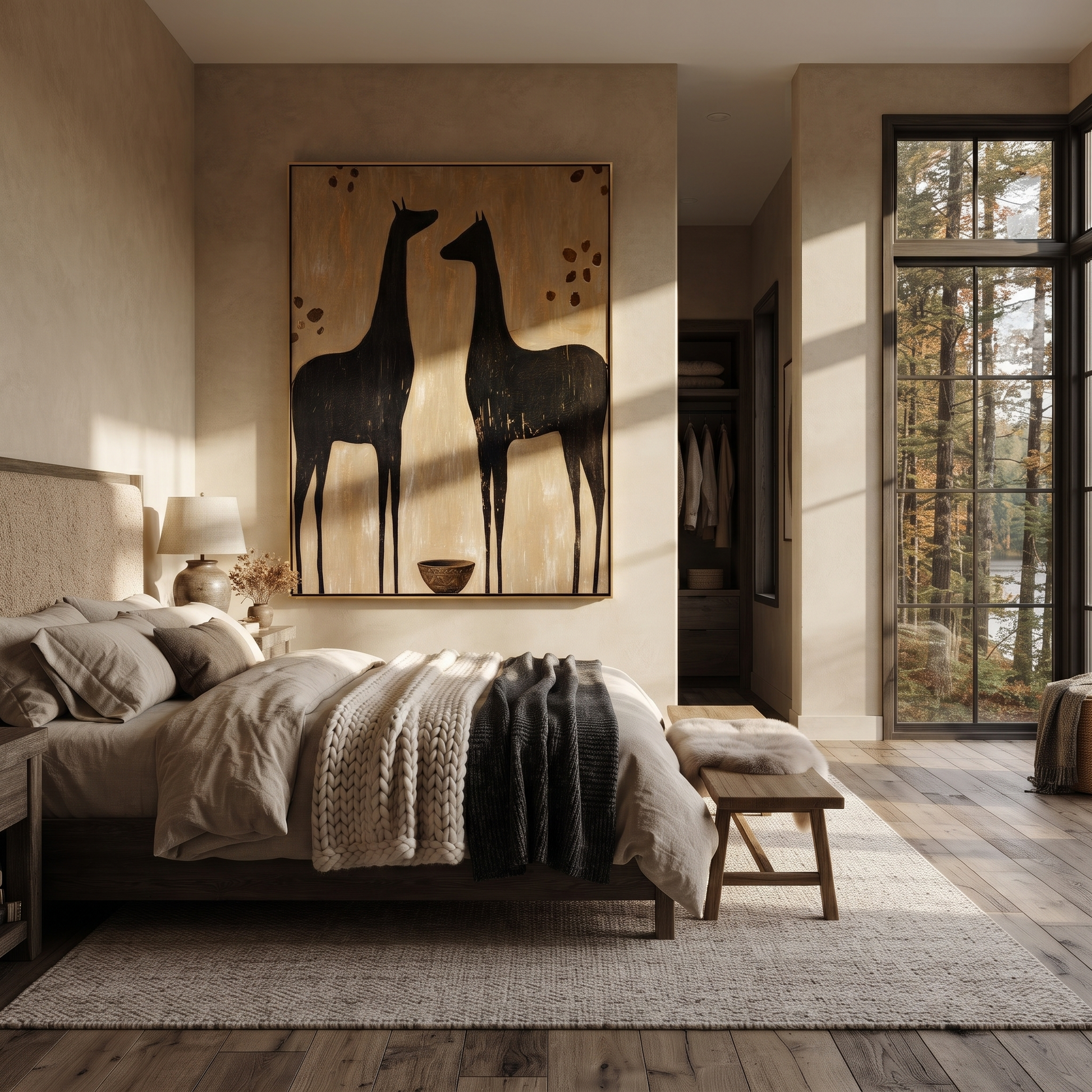 Moonlit Horse Rise into Light - two horse painting by Isabelle Laurent, modern Western vertical wall art – styled room scene view 2