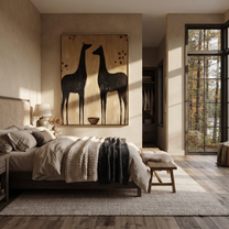 Moonlit Horse Rise into Light - two horse painting by Isabelle Laurent, modern Western vertical wall art – styled room scene view 2