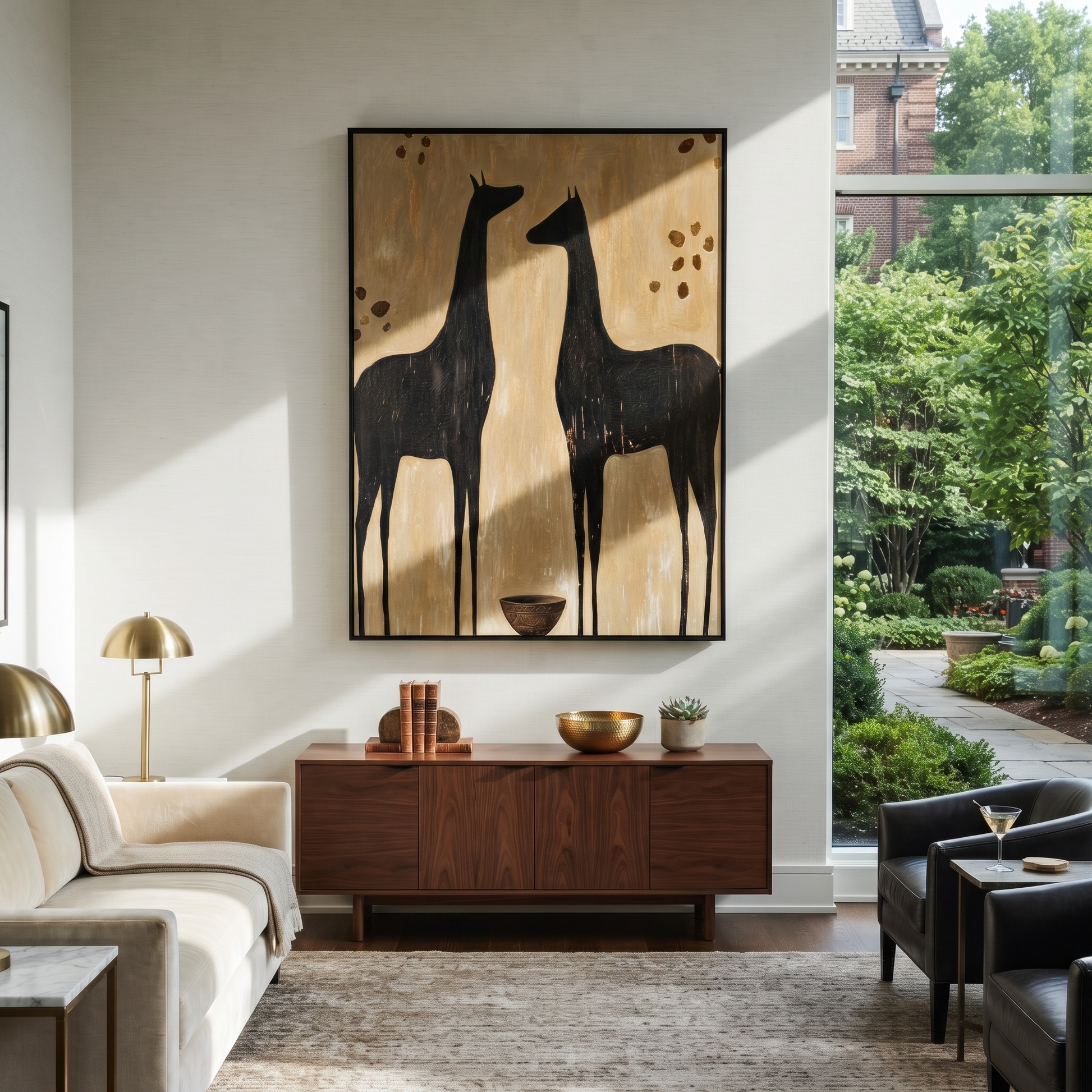 Moonlit Horse Rise into Light - two horse painting by Isabelle Laurent, modern Western vertical wall art – styled room scene view 3