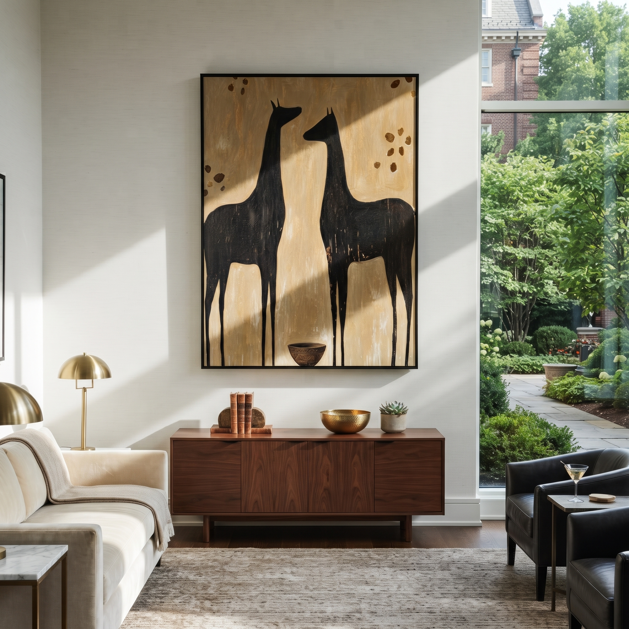 Moonlit Horse Rise into Light - two horse painting by Isabelle Laurent, modern Western vertical wall art – styled room scene view 3