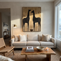 Moonlit Horse Rise into Light - two horse painting by Isabelle Laurent, modern Western vertical wall art – styled room scene view 4